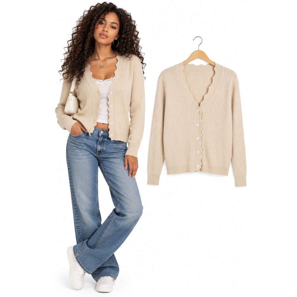YesFashion Women's Ribbed Knit Scalloped V-Neck Cardigan Size XL Beige